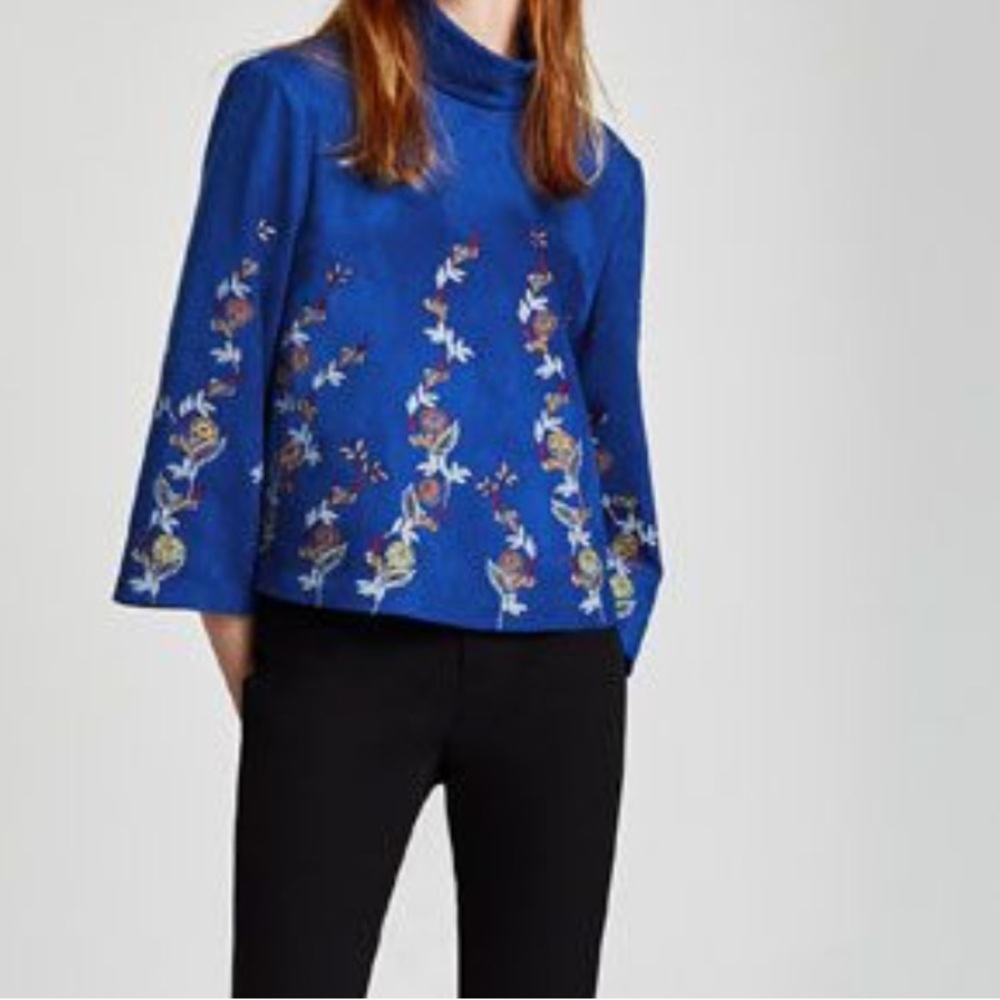 Zara Faux Suede Floral Embroidered Royal Blue Top 3/4 Sleeves